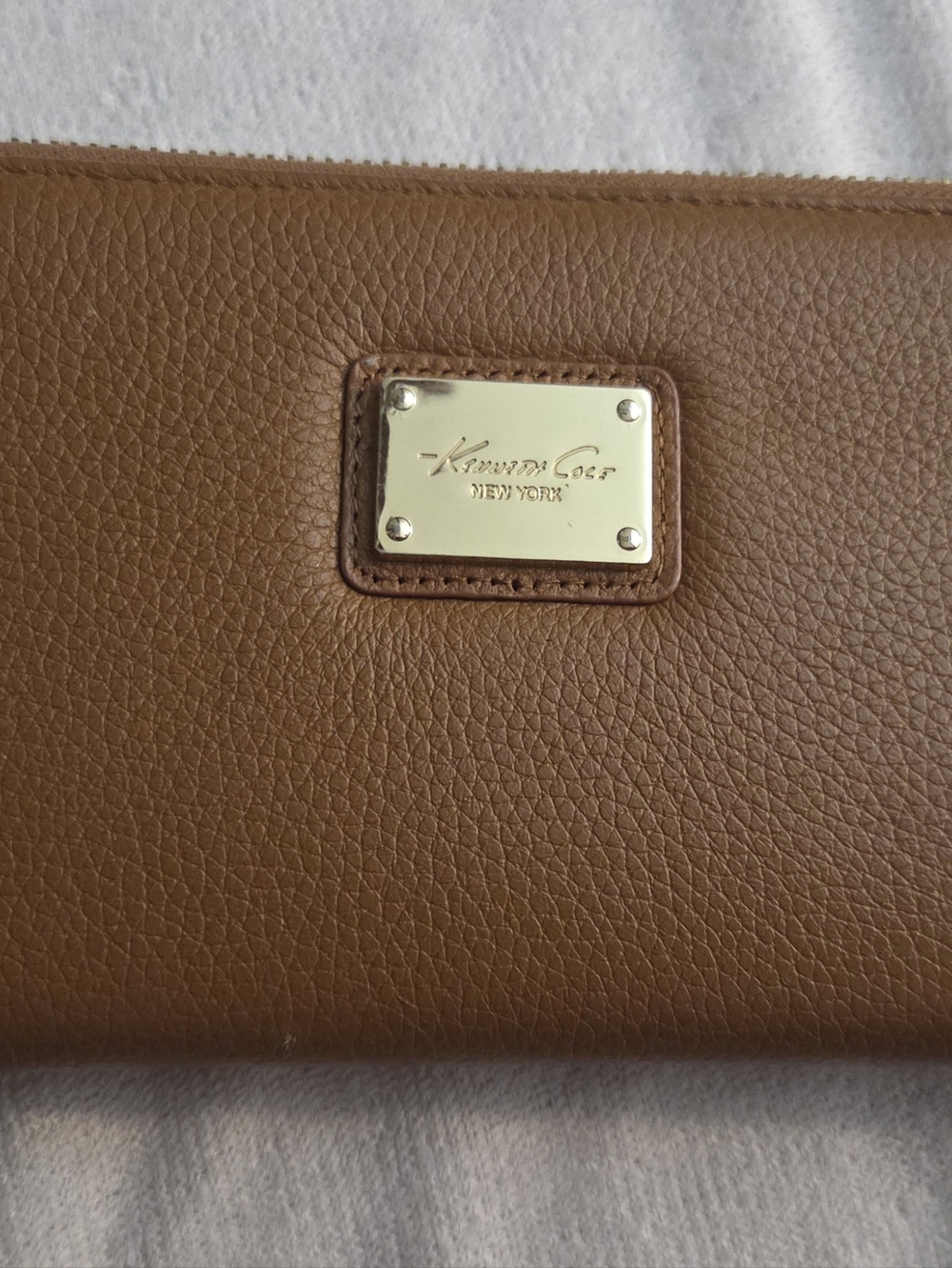 Kenneth Cole New York Tan Pebbled Leather Zip-Around Wallet with Gold Plate